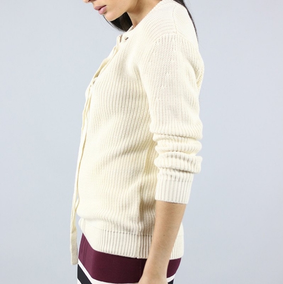 J.O.A. Lace-Up Front Sweater Ivory Cream Pullover Neutral Knit Top Women’s Med - Picture 2 of 10
